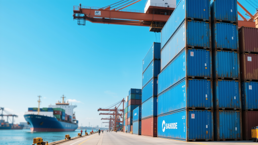 Large modern shipping port with cargo ships, containers, blue sky, industrial maritime scene