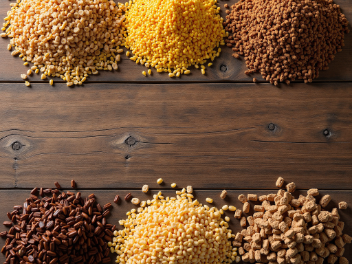 Various agricultural products like corn, soybeans, rice, mung beans, coix seed, and sesame seeds displayed on a wooden table, natural lighting