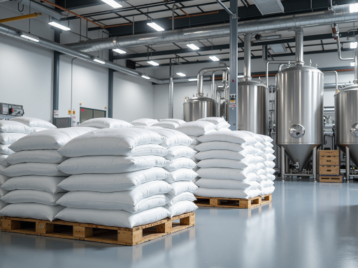 Chemical drums or bags labeled as caustic soda, industrial sulfur, fertilizer, and urea, warehouse environment