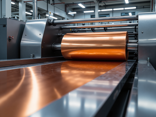 Shiny metal ingots or sheets representing copper, aluminum, and tin, industrial setting